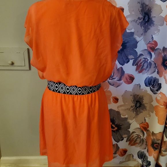 Bright Coral Flutter Top Belted Dress - Picture 4 of 5